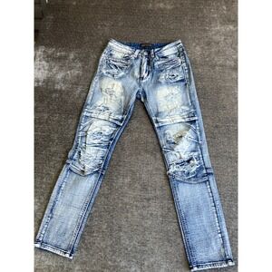 Encrypted Skinny Jeans Men 30x30 Blue Denim Cotton Acid Wash Low Rise Distressed